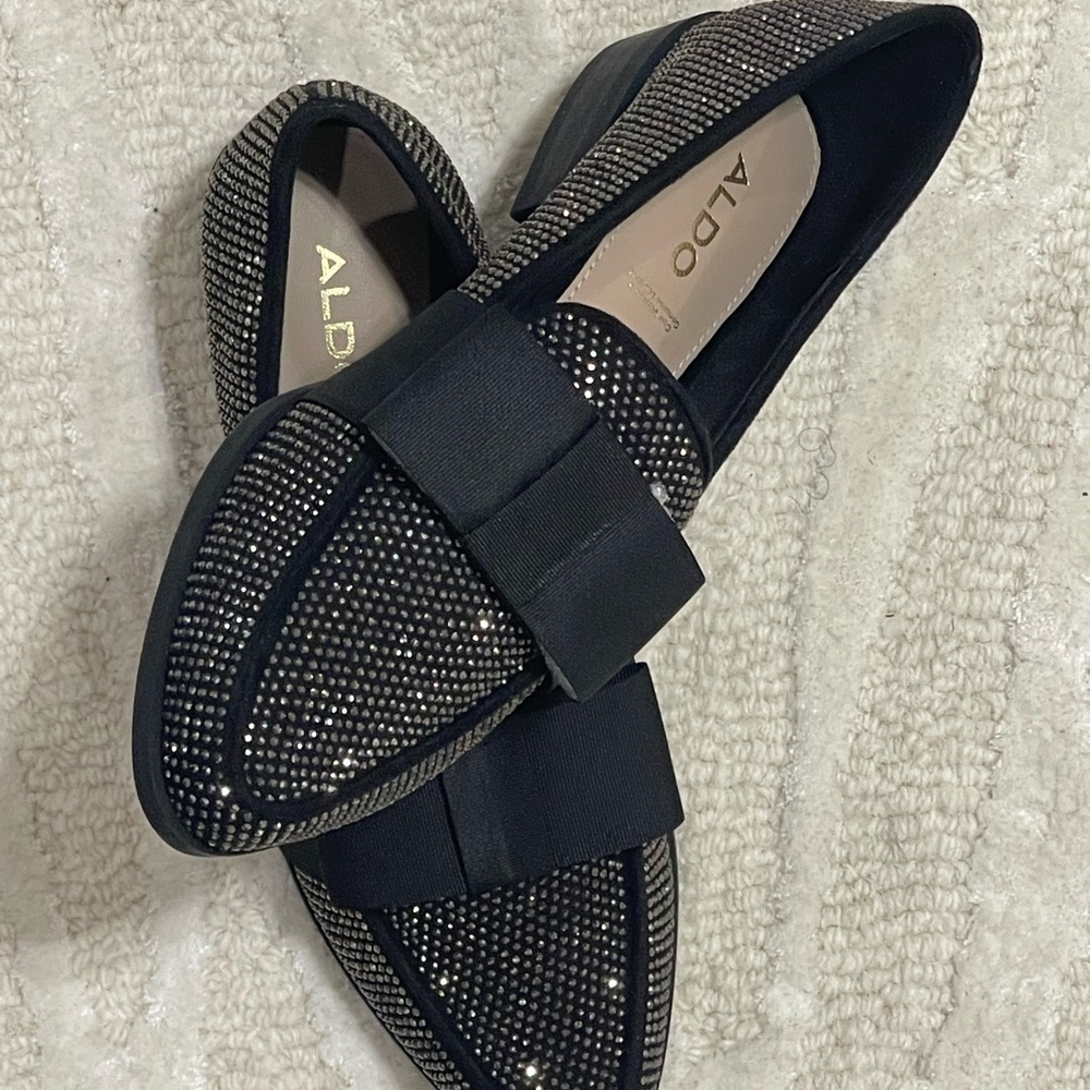 Aldo Women's Black and Diamond Studded Loafers